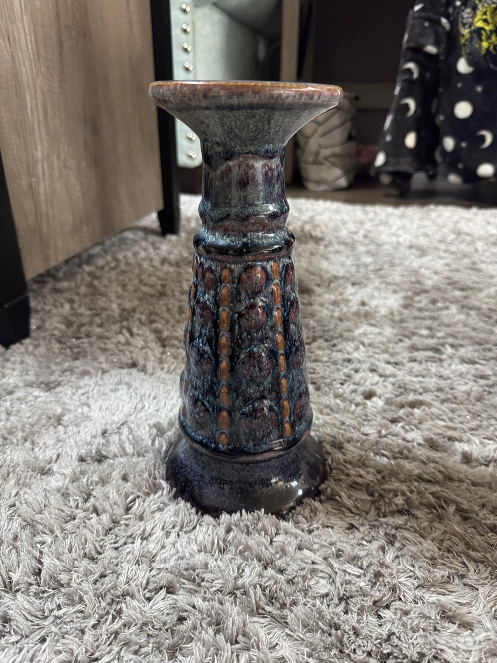 Handmade Glazed Ceramic Candle Holder - Blue Brown